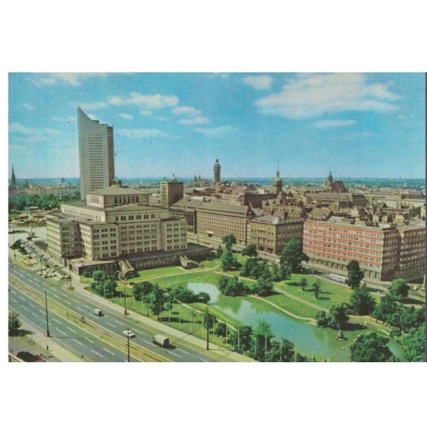 Картичка-Messeestadt Leipzig-Blick aut die Stadt mit Oper undHochhaus der Karl-Marx-Universitat
